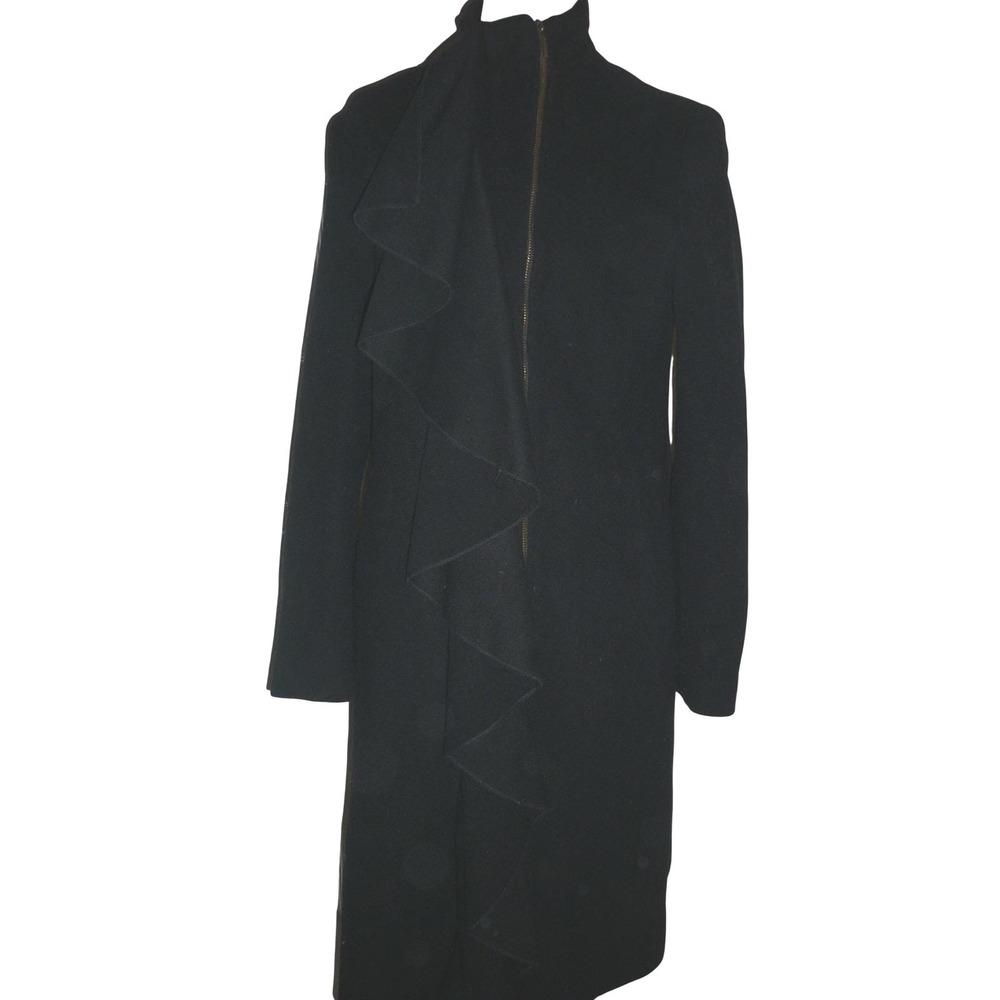 Black Asymmetric Ruffle Front Zip Up High Neck Wool Blend Overcoat Jacket